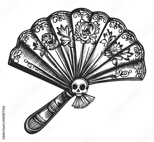 Hand-Drawn Vintage Fan Illustration with Floral and Skull Design