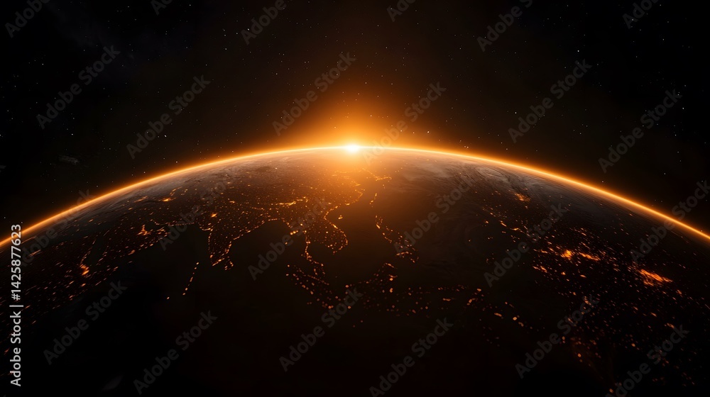 Fototapeta premium A breathtaking view of Earth from space, showcasing city lights scattered across the planet's dark surface as the sun rises on the horizon, casting a warm, golden glow across the atmosphere.