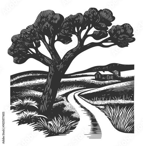 Black and White Hand-Drawn Illustration of Tree and Landscape