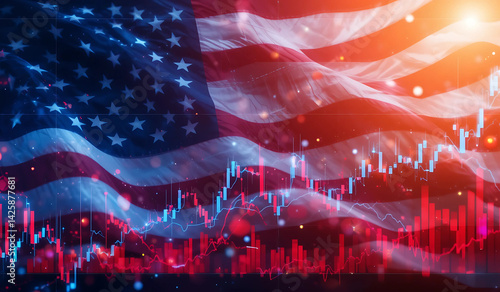An American flag with superimposed stock market candlestick charts, illustrating the relationship between national economy and financial markets.