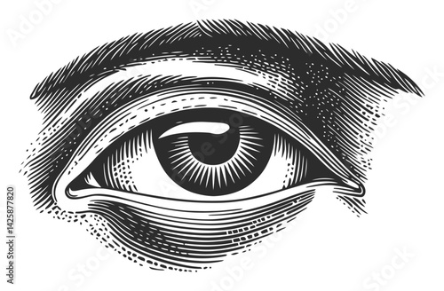 Detailed Hand Drawn Illustration of Eye in Monochrome Style