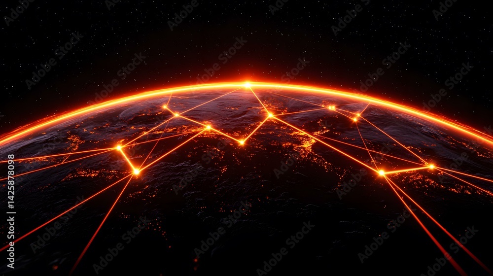 The image shows a stylized depiction of Earth at night, with glowing orange lines connecting various points across the globe, representing a network or interconnected system. These lines create a we The image shows a stylized depiction of Earth at night, with glowing orange lines connecting various points across the globe, representing a network or interconnected system. These lines create a we