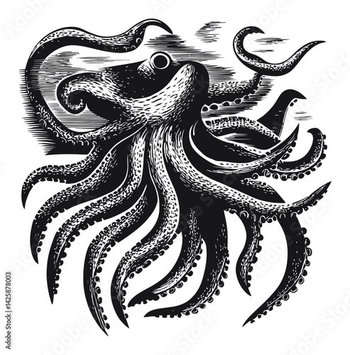 Hand-drawn Illustration of a Stylized Black and White Octopus