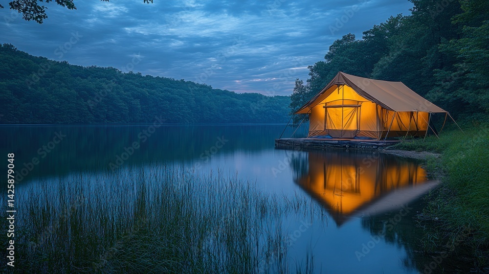 Fototapeta premium Serene lakefront campsite at twilight
