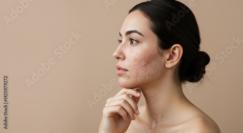 Young woman with problematic skin showing acne, blemishes in profile view on beige background, hand on chin. Skincare, dermatology. Acne treatment, healing solutions problem skin