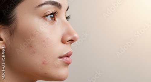 Young woman with mild acne, blemishes in profile view on beige background. beauty portrait. Skincare, dermatology . Acne treatment, anti-inflammatory, healing solutions for hormonal skin issues.