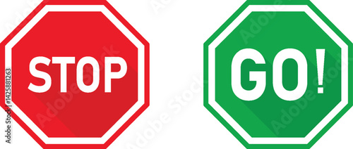Stop and Go Signs Circular Icons Displaying in Red and Blue with Long Shadow.