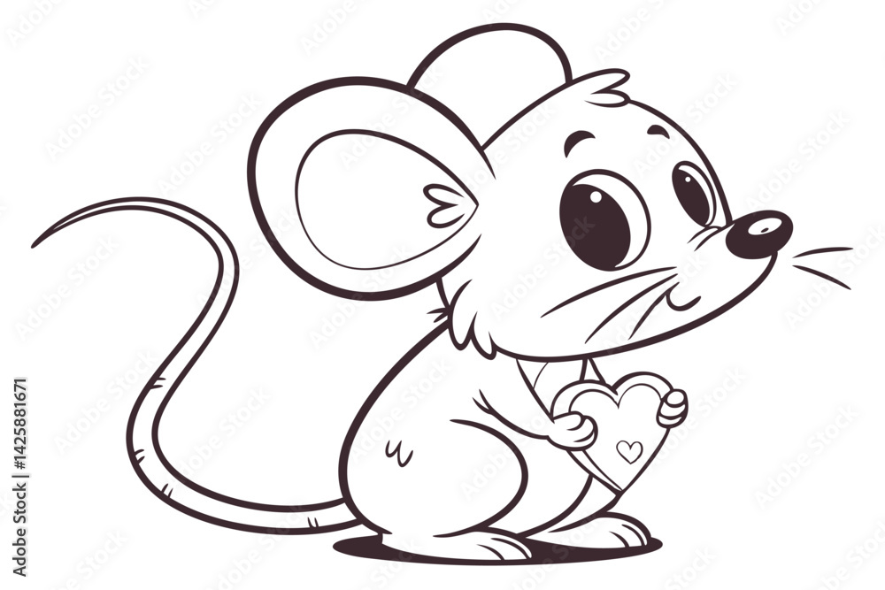 Cute Cartoon Mouse Holding a Heart in Outline Style for Valentine's Day. Cute Cartoon Mouse Holding a Heart in Outline Style for Valentine's Day.