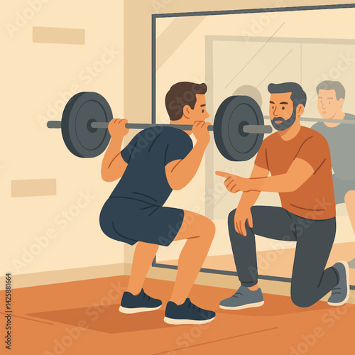 Man Lifting Barbell with Personal Trainer Supervising in Fitness Center
