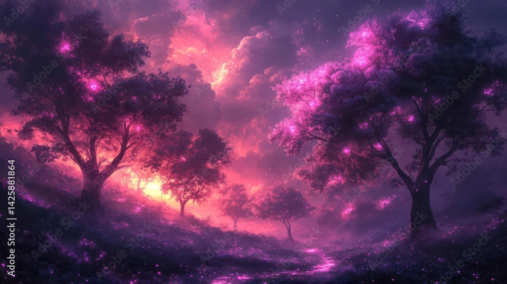 Obraz premium Enchanted, glowing forest at dawn