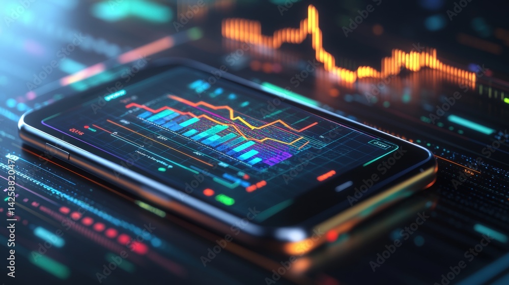 Fototapeta premium Smartphone displaying dynamic stock market graphs and futuristic data visualizations with vibrant technological elements in a modern digital environment
