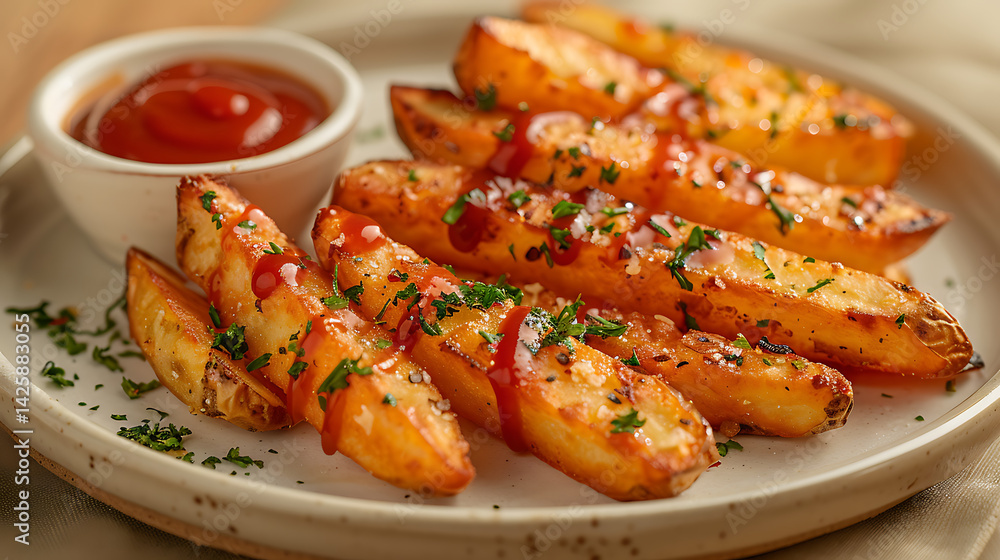 Delicious golden potato wedges drizzled with ketchup on a rustic plate, served in a cozy setting Delicious golden potato wedges drizzled with ketchup on a rustic plate, served in a cozy setting