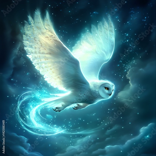 A magical snowy owl flies gracefully through a starry night sky.