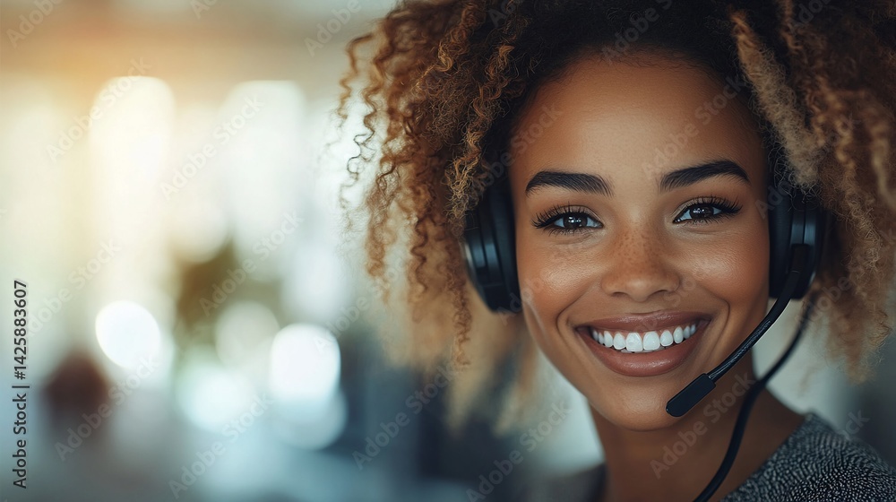 Smiling woman with headset working in a modern office environment Smiling woman with headset working in a modern office environment