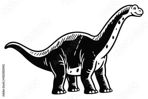Cartoon Brontosaurus Dinosaur Illustration in Black and White, Stylized Vector Design