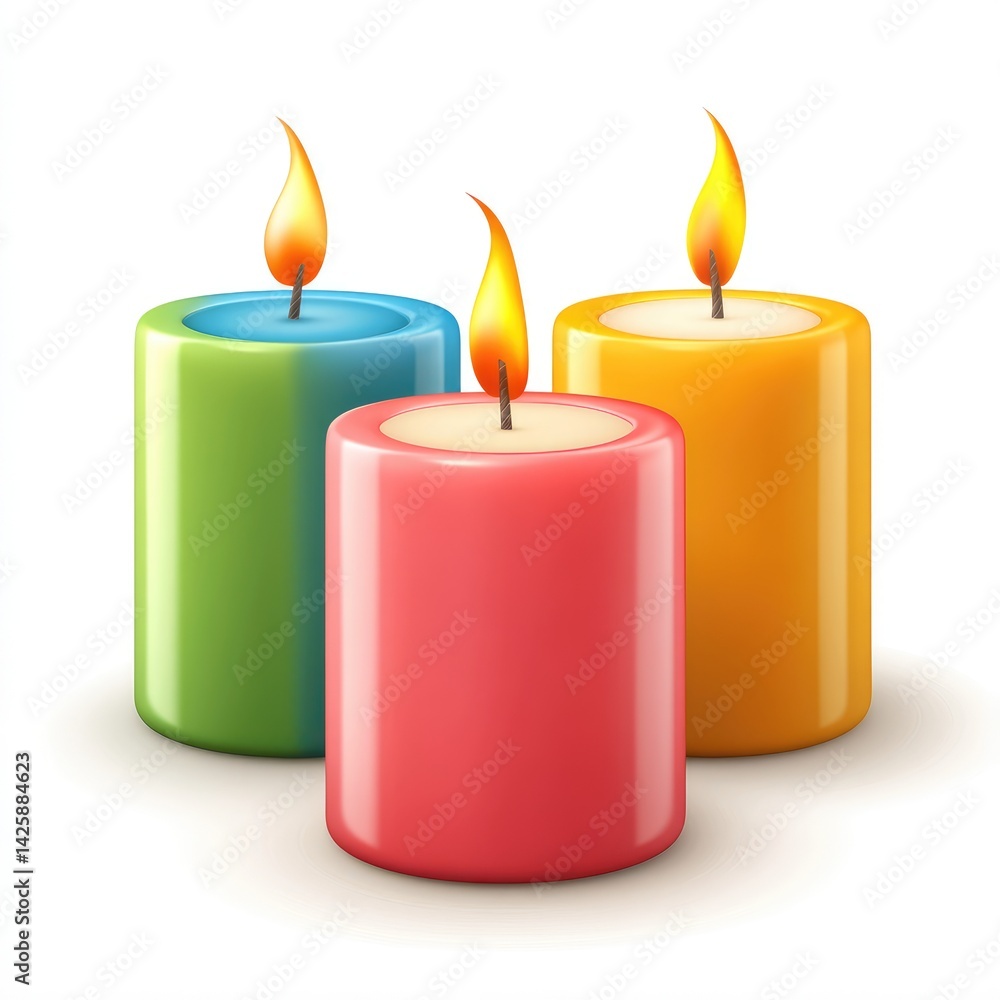 Three colorful cylindrical candles in a display. Three colorful cylindrical candles in a display.