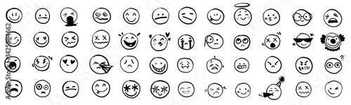 Smile doodle faces in hand drawn vector doodle sketchy style. Happy, sad, crying emotional scribbles, icon comic elements for business design.