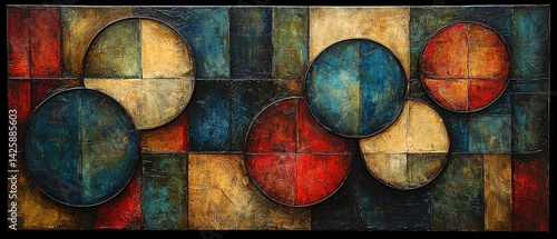 Abstract painting featuring circles and squares in various colors and textures.