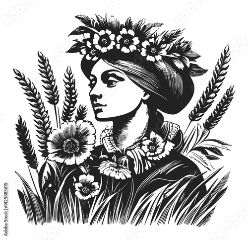 Vintage Hand-Drawn Illustration of a Woman Surrounded by Flowers