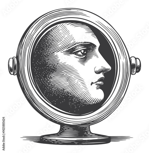 Hand Drawn Illustration of a Profile Reflected in a Mirror