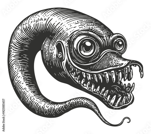 Unique Hand-Drawn Illustration of a Serpentine Monster with Teeth