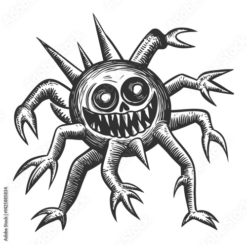 Spooky Hand-Drawn Monster with Spiky Limbs and Grinning Skull Face