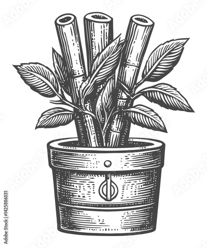 Hand-Drawn Vintage Illustration of Bamboo Plant in a Pot