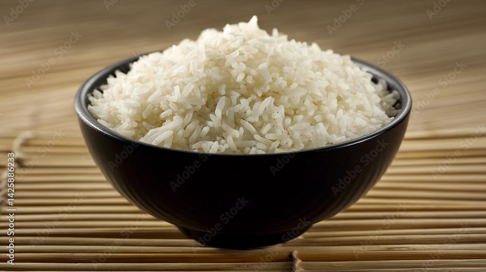 bowl of fluffy white rice on bamboo mat bowl of fluffy white rice on bamboo mat