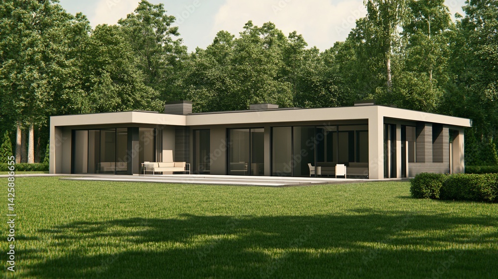 Obraz premium Modern house nestled in a lush forest setting. Large patio with a pool. Contemporary architecture