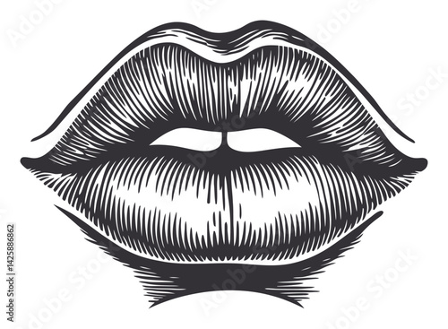 Hand-Drawn Illustration of Stylized Lips in Bold Black and White