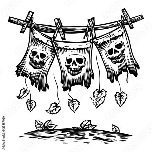 Hand Drawn Illustration of Hanging Banners with Skull Design