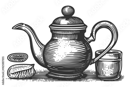 Vintage Hand-Drawn Illustration of Teapot with Citrus and Cup