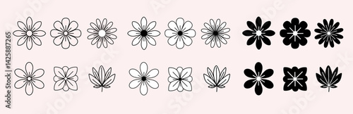 Set of flower icons. Universal black and white flower icons for design and logos. Excellent templates for greenhouses, web, printing, postcards.
