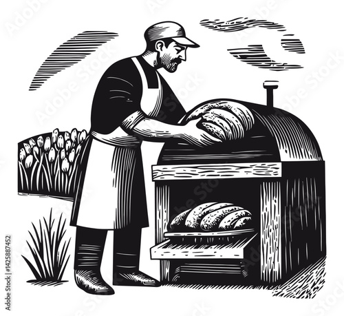 Artisan Baker Preparing Fresh Bread in a Traditional Oven Scene