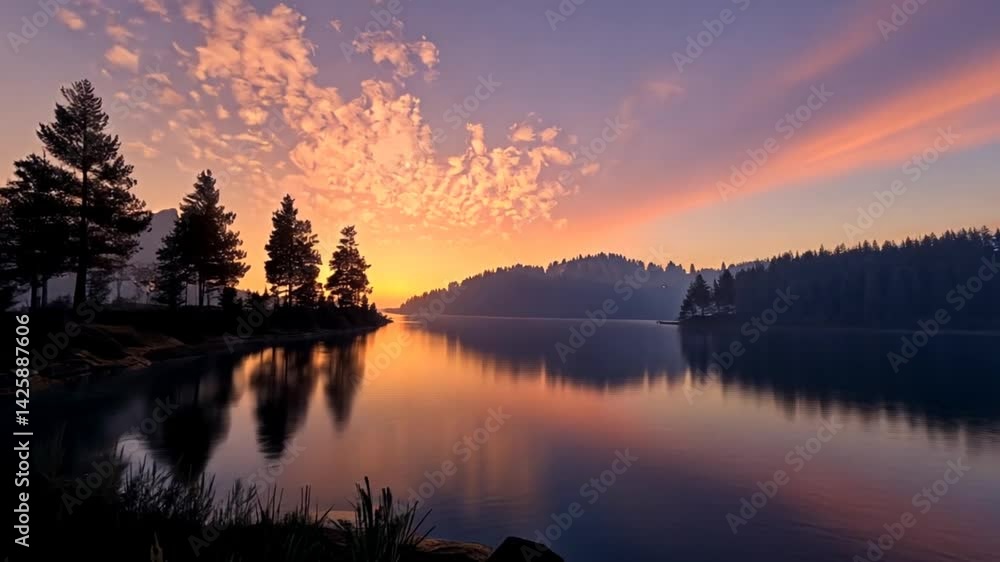 Serene sunset over a tranquil lake surrounded by trees and mountains with colorful clouds Serene sunset over a tranquil lake surrounded by trees and mountains with colorful clouds
