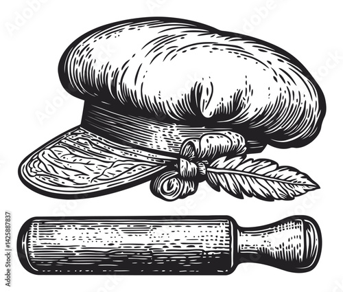 Vintage Hand-Drawn Chef Hat and Rolling Pin Illustration Design