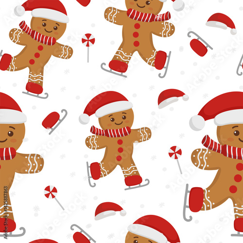 Seamless winter pattern with gingerbread, cocoa and skates