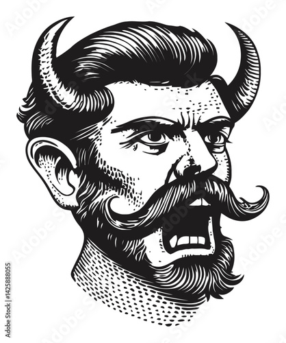 Hand-drawn Illustration of a Demon Head with Beard and Horns