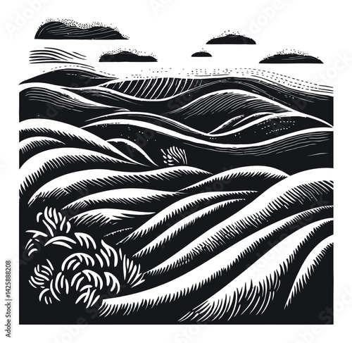Hand-Drawn Illustration of Abstract Rolling Hills with Clouds