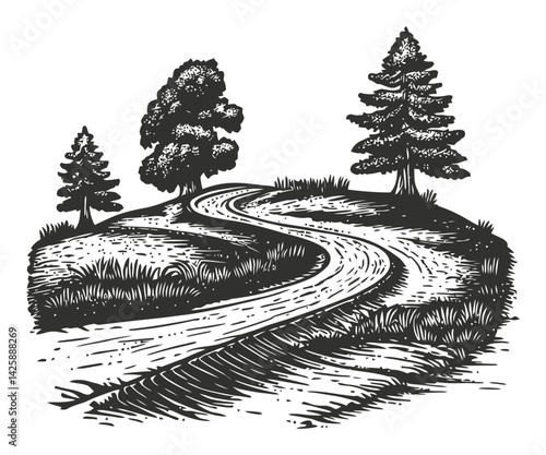 Hand-Drawn Illustration of Winding Path Among Trees and Grass