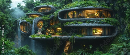 Fototapeta Naklejka Na Ścianę i Meble -  Futuristic dwelling with green roof in lush forest with waterfall and warm light.
