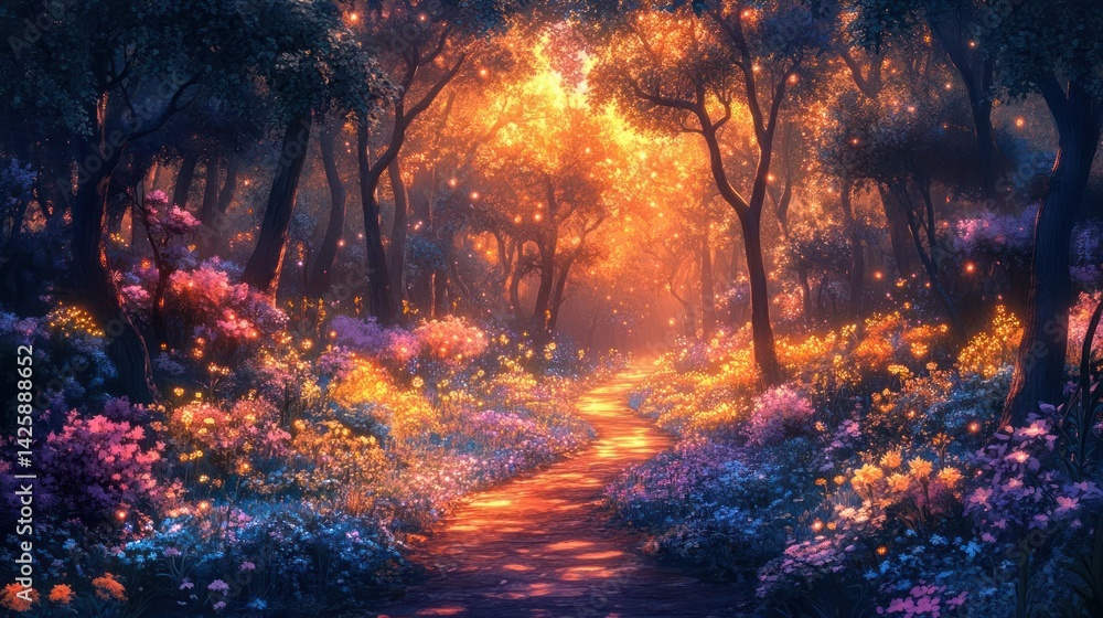 Enchanted forest path bathed in warm, magical light. Lush flowers and glowing ambiance Enchanted forest path bathed in warm, magical light. Lush flowers and glowing ambiance