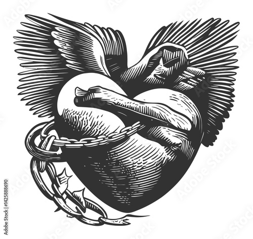 Hand Drawn Illustration of Heart with Wings and Chains