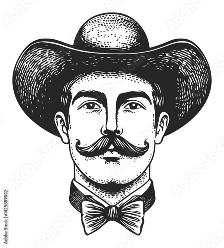 Detailed Hand-Drawn Illustration of Cowboy with Mustache and Hat