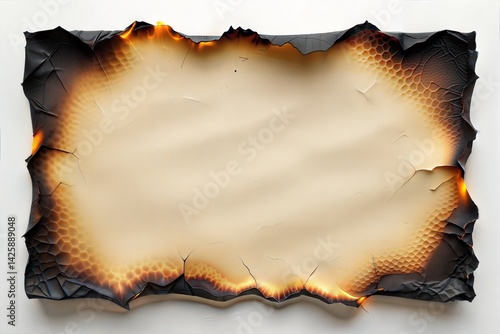 A close-up of burnt paper with scorched edges, featuring cracked and honeycomb textures, creating a dramatic effect with a contrast of fire and smooth, light paper