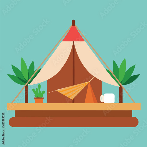 Camping elements tent icon Vector Tent on wooden platform with hammock and plants, eco-glamping vector setup