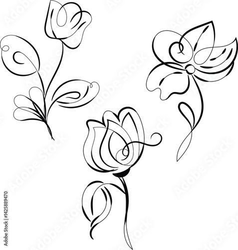 Elegant Black Line Art Floral Designs Set of Three