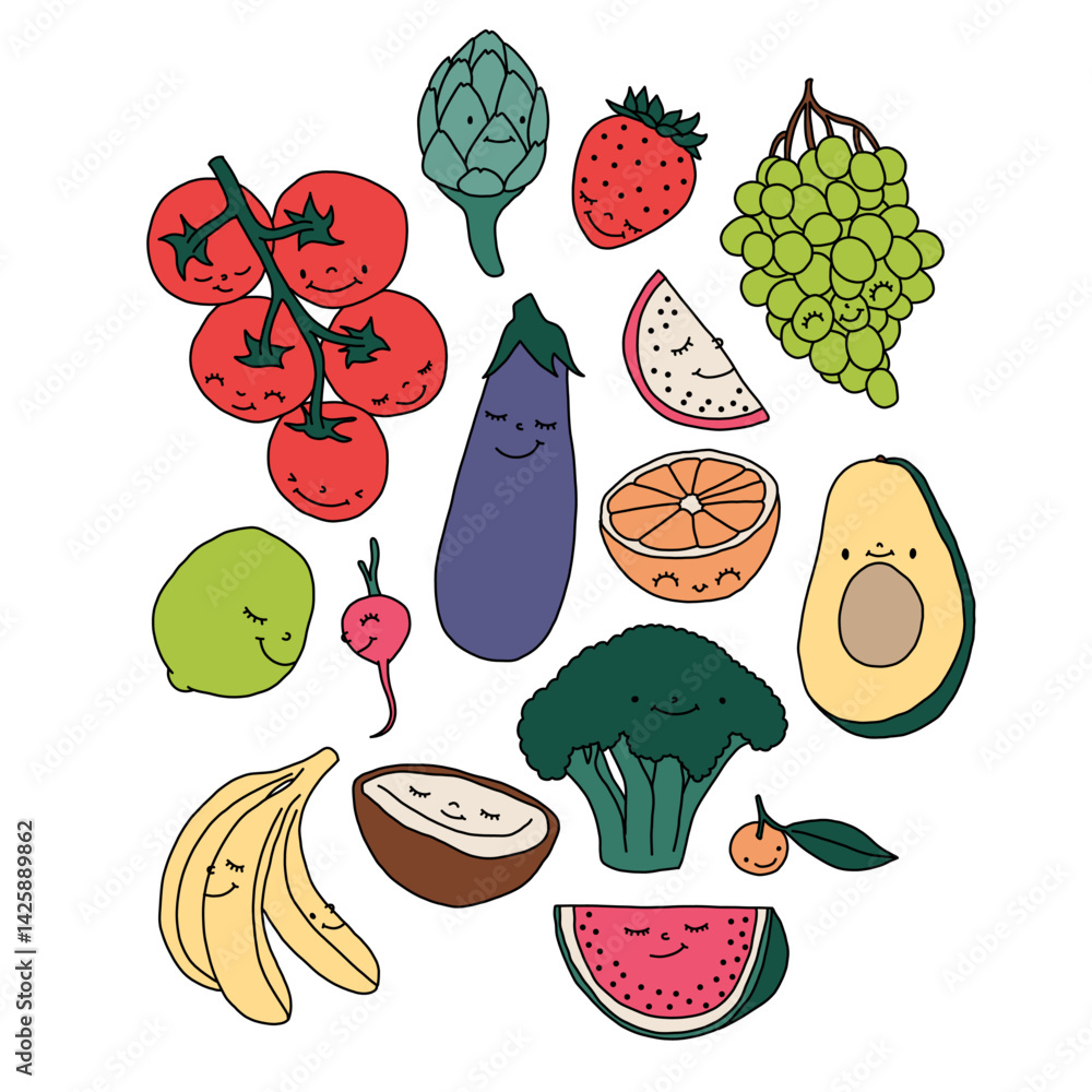 Playful Fruits and Vegetables Illustration