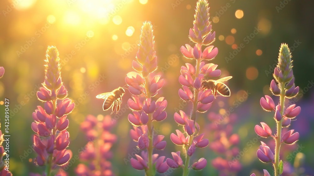 Obraz premium A swarm of bees forming a bridge between flowers, bathed in golden light. Nature's delicate harmony in motion.