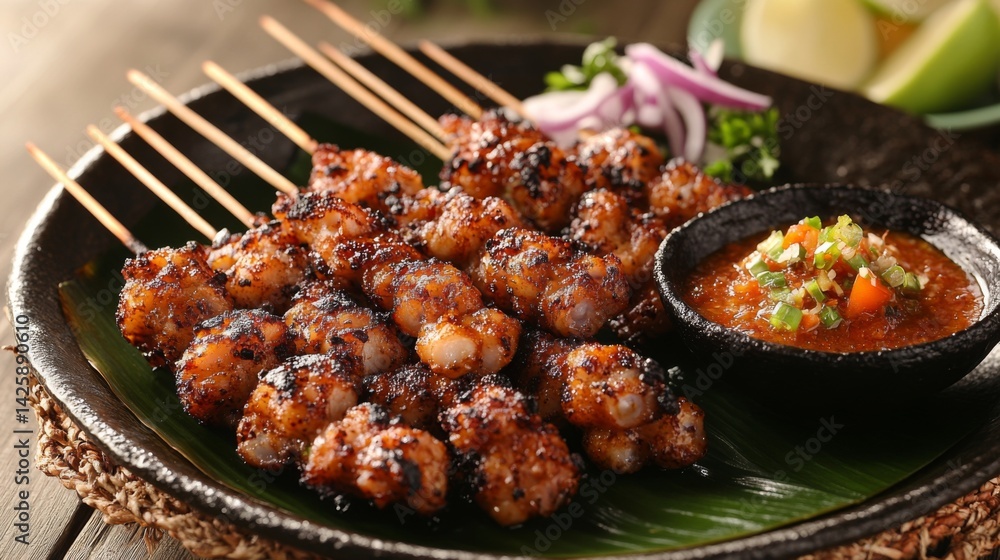 A plate of grilled octopus tentacles, crispy on the outside and tender on the inside, served with a tangy dipping sauce and garnish A plate of grilled octopus tentacles, crispy on the outside and tender on the inside, served with a tangy dipping sauce and garnish